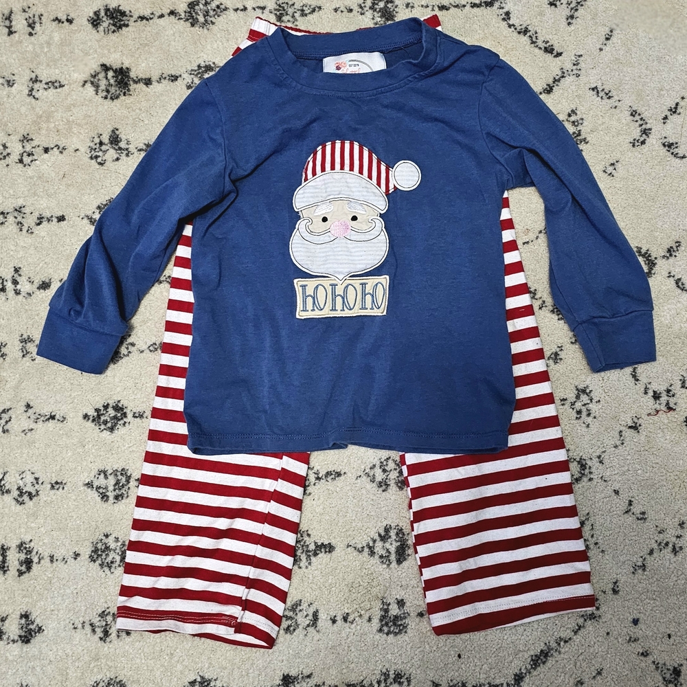 Festive Santa Kids Pajama Set in Blue and Red Stripes